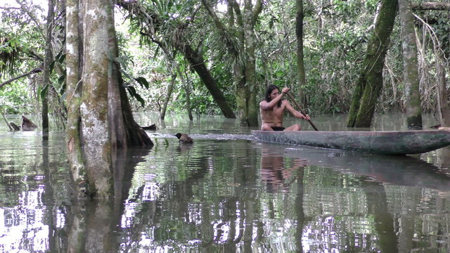 Experience the beauty of the Ecuadorian jungle as an indigenous young adult paddles through the lush landscape in a traditional wooden canoe.