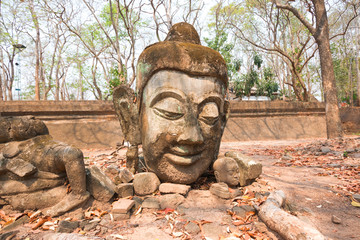 Fototapeta na wymiar Head of Buddha statue in forest at Wat Umong, Chiang Mai, Thailand 