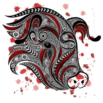 Abstract the pig's head with blood splatter. Stop killing animals