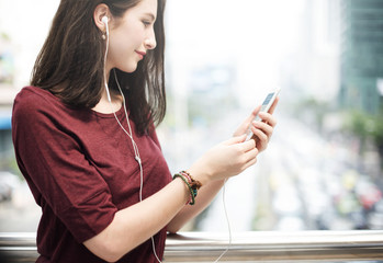 Woman Listening Music Media Entertainment Walking Concept