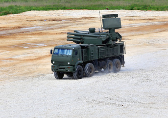 Weapons of anti aircraft defense system "Pantsir S1" on a march