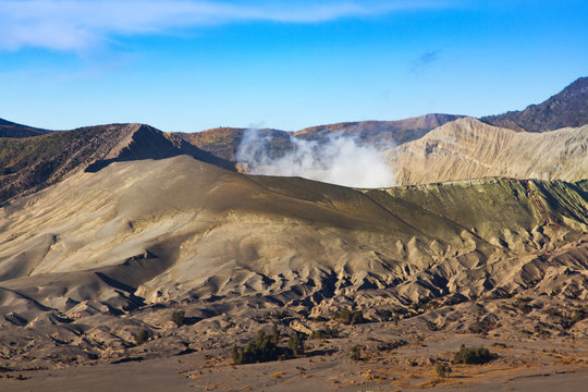 Layer Volcanic ash as sand ground of Mount Bromo volcano the magnificent view of Mt. Bromo located in Bromo Tengger Semeru National Park, East Java, Indonesia.