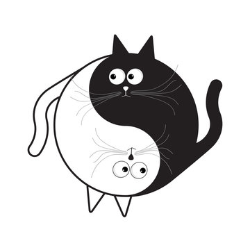 Yin Yang sign icon. White and black cute funny cartoon cat. Feng shui symbol. Isolated Flat design style