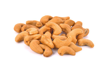Roasted Salted Cashews on white background.