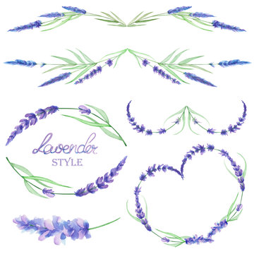 A set with an isolated frame borders, floral decorative ornaments with the watercolor lavender flowers, hand drawn on a white background for a wedding or other decoration