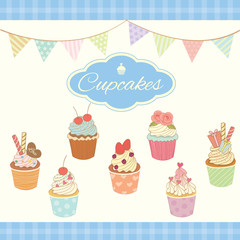 Vector cupcakes menu decoration with triangle flags in party theme.Blue background color and pastel.