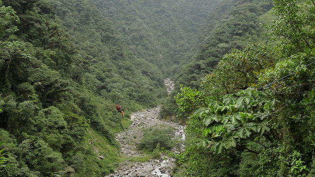 visitor sliding on zip-line at high speed is stopped down by emergency braking network tracking shot race zipline canopi visitors water spill vegetation scenery canopy outside expedition flow ecuador