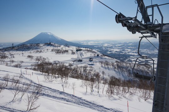 Niseko Village, Hokkaido/Japan: View Of Mt Yotei, A Large Snow Volcano On A Sunny, Blue Sky Day