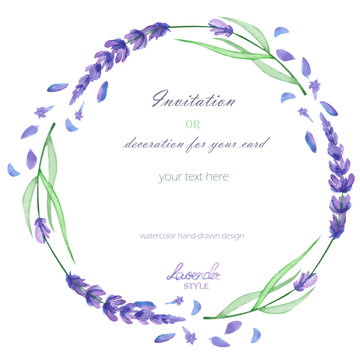 A frame, wreath, frame border for a text with the watercolor lavender flowers, hand-drawn on a white background, a greeting card, a decoration postcard, wedding invitation
