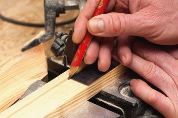 Carpenter working. Carpenter tools on wooden table with sawdust. Carpenter workplace top view