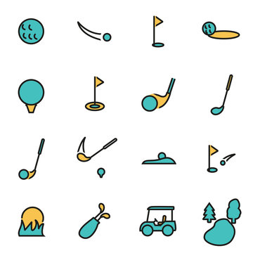 Trendy flat line icon pack for designers and developers. Vector line golf icon set, golf icon object, golf icon picture, golf image - stock vector