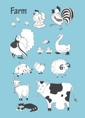 Farm animals big set. Chicken , rooster , turkey, duck, goose ,
