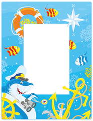 Vector vertical frame border with a shark, a steering wheel, an anchor and a lifebuoy from a sunken ship