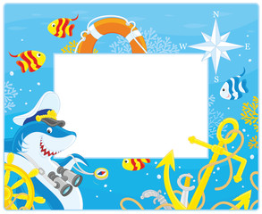 Vector horizontal frame border with a shark, a steering wheel, an anchor and a lifebuoy from a sunken ship