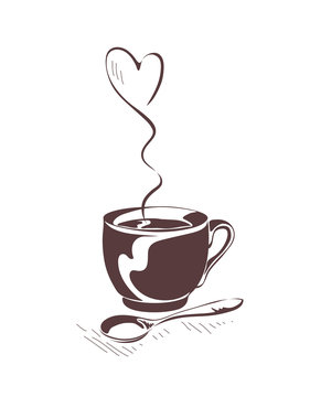 Vector illustration. Cup with a hot drink and steam in the form of heart