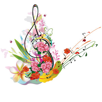 Summer music with flowers and butterfly, colorful splashes.