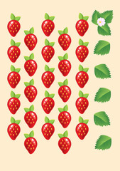 Ripe juicy red strawberries isolated with leaves and flowers. Vector