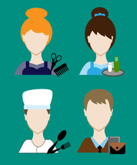 Fototapeta premium Profession people cook, hairdresser, teacher, waiter a businessman, secretary. Face men uniform. Avatars in flat design. Vector