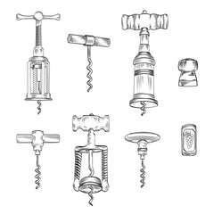 Vector hand drawn vintage and modern corkscrews and corks set.
