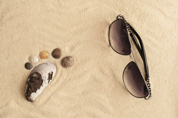 Fototapeta na wymiar sea shells footprint and sunglasses