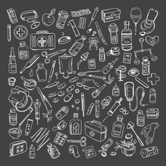 Health care and medicine doodle icon set