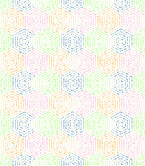Geometric repeating vector colorful ornament with hexagonal dotted elements. Seamless abstract modern pattern