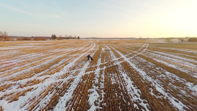 Young girl playing with german shepherd dog outdoor. Sunset. Aerial footage.