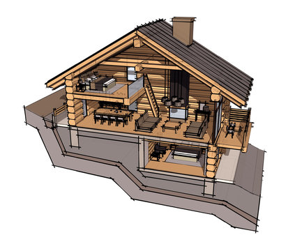 wooden house cross section sketch clip art preview