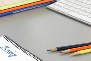 View of well ordered working Place on grey Table