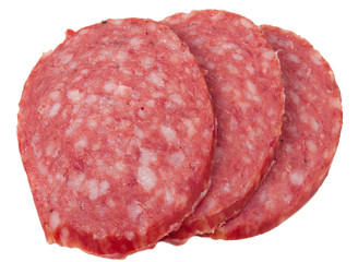 three slices salamy on white background