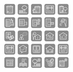 Real estate, sale, rent, icons, monochrome, linear. 