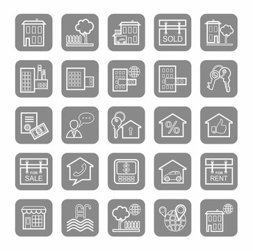 Real estate, sale, rent, icons, monochrome, linear. 