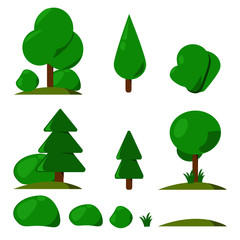 Set of different cartoon flora in flat design. Flowers, bushes, trees.
