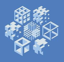 Set of abstract 3d cubical objects, useful for logo or science backround. illustration