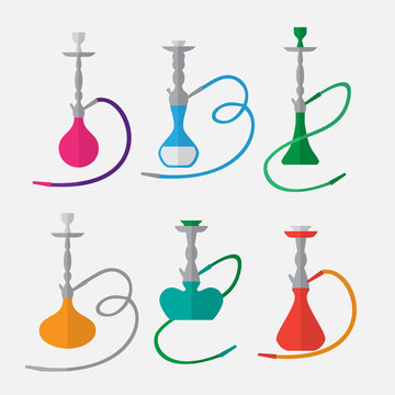 Hookah labels and smoke logo. Set of oriental nargile silhouettes. Isolated  traditional shishe