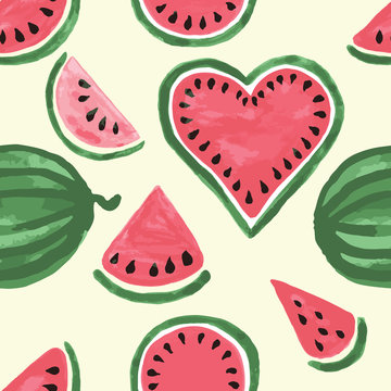 Hand drawn seamless pattern of watermelon wedges. Cute fresh fruits for summer background.