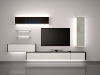 3d illustration of TV. Black and white furniture in modern style