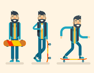 Scater Adult Man Geek Happy Hipster Character Drink Coffee Icon Set Symbol Stylish Background Flat Design Template Vector Illustration