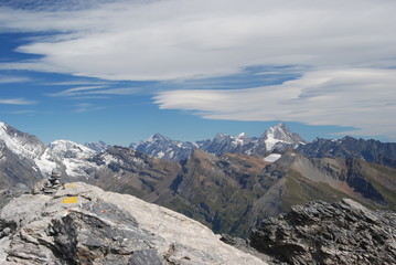Panoramic view of mountain range in Swiss alps