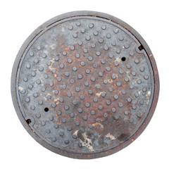 Rusty, grunge manhole cover, ROUNDED edge, rim isolated