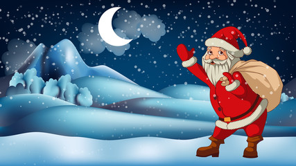 Santa Claus in front of winter landscape