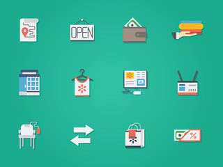 Used goods shop round flat color vector icons