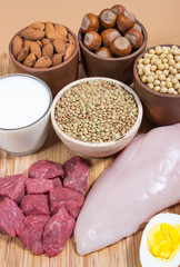 Natural products containing plant and animal proteins.