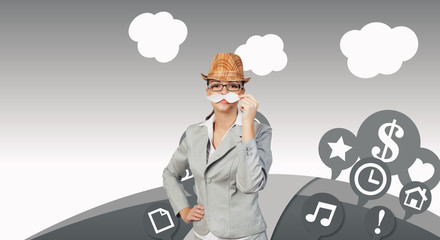 Businesswoman trying paper mustache