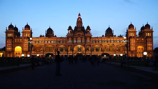 Tilt up shot of Mysore Palace at night, Mysore, Karnataka, India