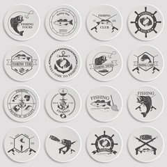 Set of vintage fishing labels, badges and design elements. 