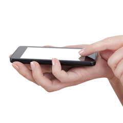 hand touching touch smart phone isolated, social media concept