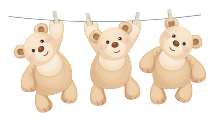 Fototapeta premium Vector hanging teddy bears on clothing line with pegs.