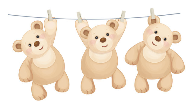 Naklejka Vector hanging  teddy bears on clothing line with pegs.