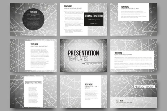 Set of 9 vector templates for presentation slides. Sacred geometry, triangle design gray background. 